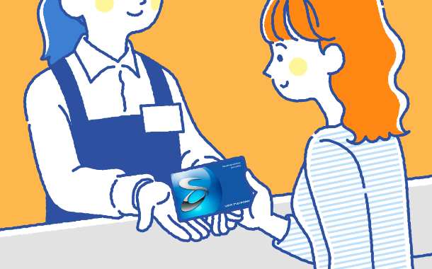 イラスト：レジのカウンター越しに相鉄ポイントカードを店員に手渡し渡している女性