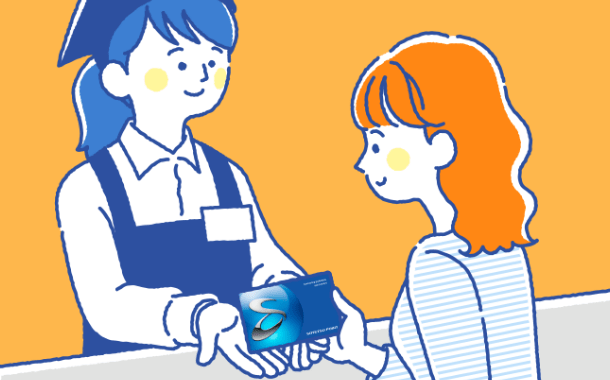 イラスト：レジのカウンター越しに相鉄ポイントカードを店員に手渡し渡している女性