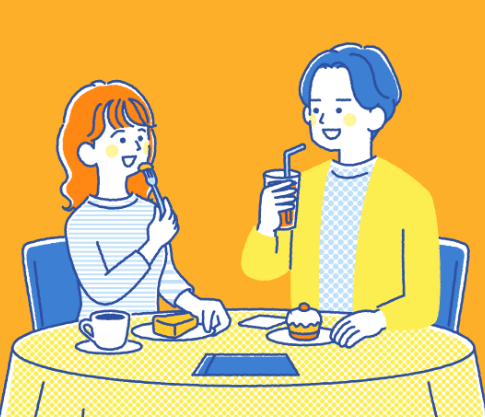 イラスト：笑顔で会食をしている若い男女カップル